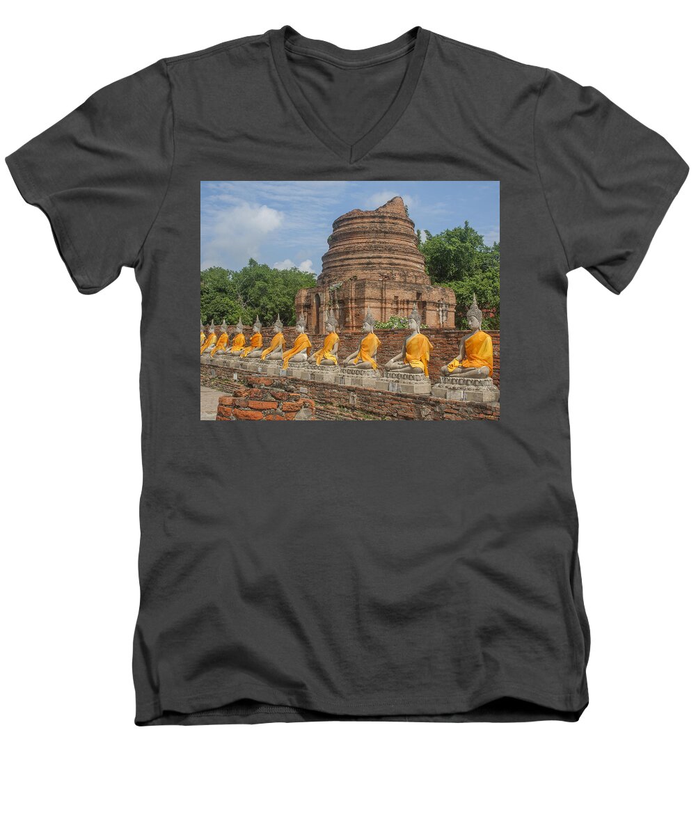 Scenic Men's V-Neck T-Shirt featuring the photograph Wat Phra Chao Phya-Thai Buddha Images and Ruined Chedi DTHA005 by Gerry Gantt