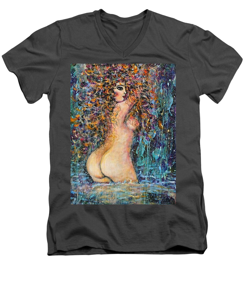 Nude Men's V-Neck T-Shirt featuring the painting Waterfall Nude by Natalie Holland