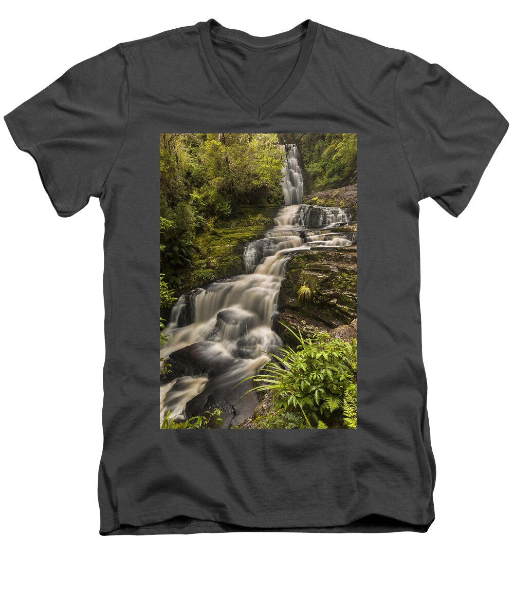 Colin Monteath Men's V-Neck T-Shirt featuring the photograph Waterfalls After Rain Mcleans Falls by Colin Monteath