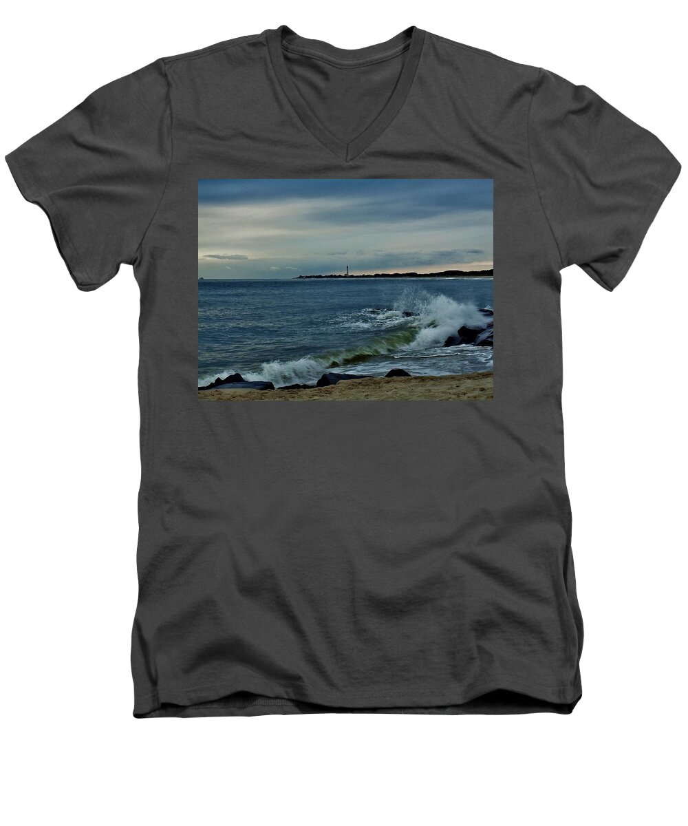 Cape May Men's V-Neck T-Shirt featuring the photograph Wave Crashing at Cape May Cove by Ed Sweeney