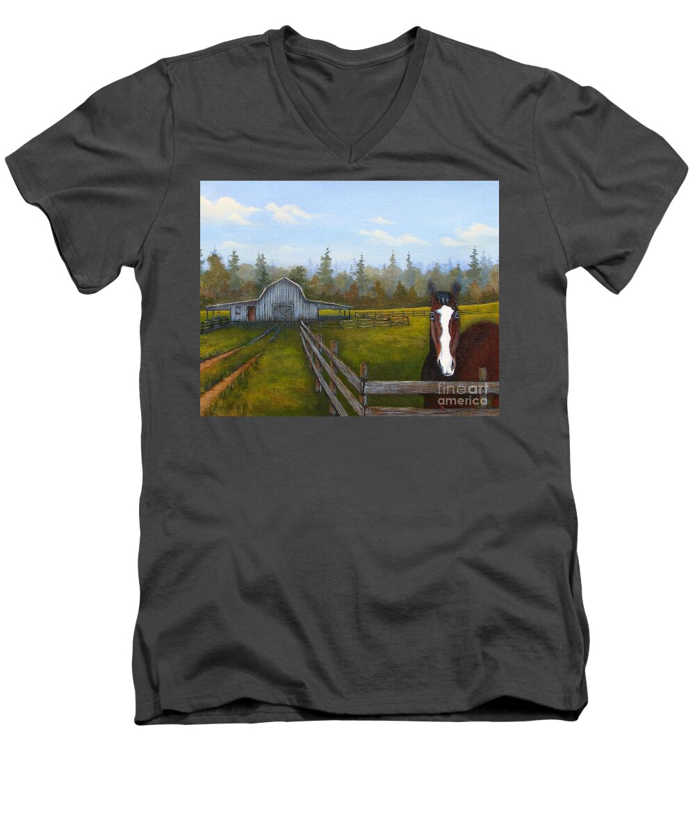 Landscape Men's V-Neck T-Shirt featuring the painting Welcome Home by Jerry Walker