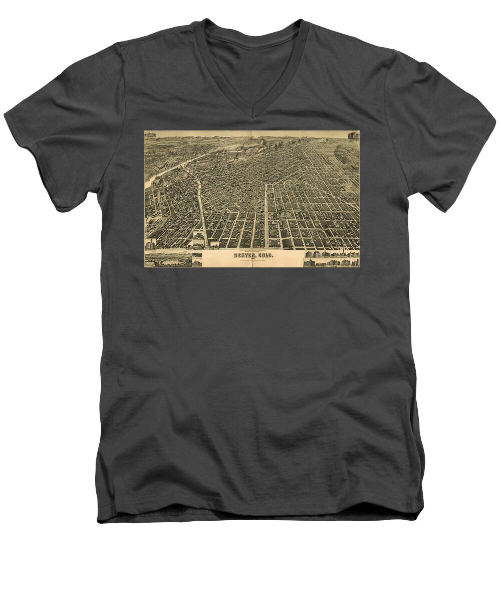 Denver Men's V-Neck T-Shirt featuring the drawing Wellge's Birdseye Map of Denver Colorado - 1889 by Eric Glaser