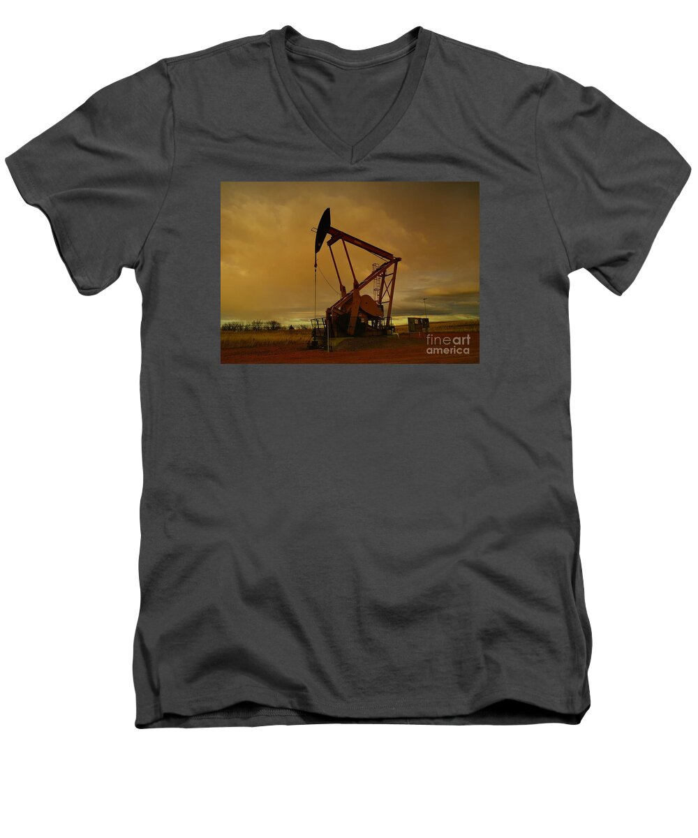 Oil Men's V-Neck T-Shirt featuring the photograph Wellhead At Dusk by Jeff Swan