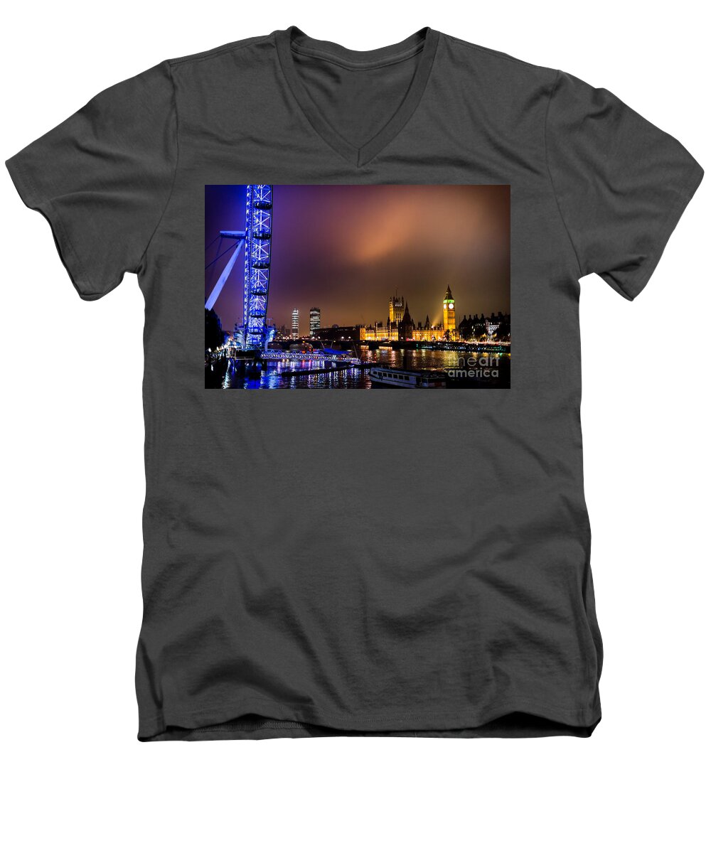 London Men's V-Neck T-Shirt featuring the photograph Westminster And Eye Night Glow by Matt Malloy