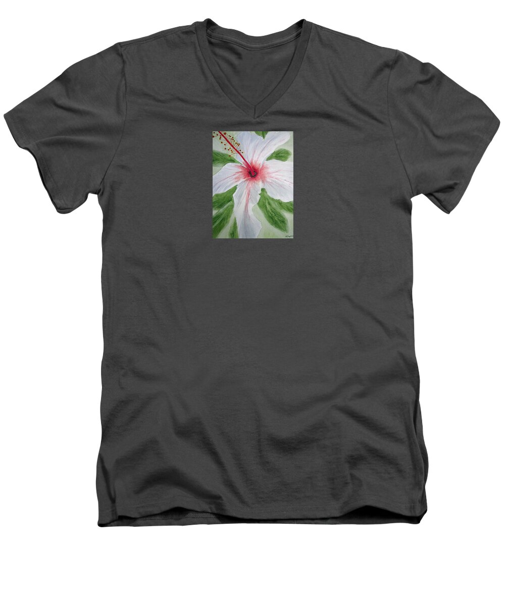 Floral Men's V-Neck T-Shirt featuring the painting White Hibiscus Flower by Elvira Ingram
