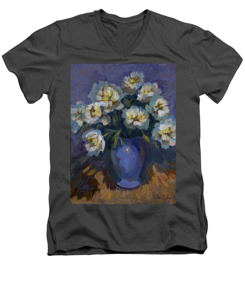 White Peonies Men's V-Neck T-Shirt featuring the painting White Peonies by Diane McClary