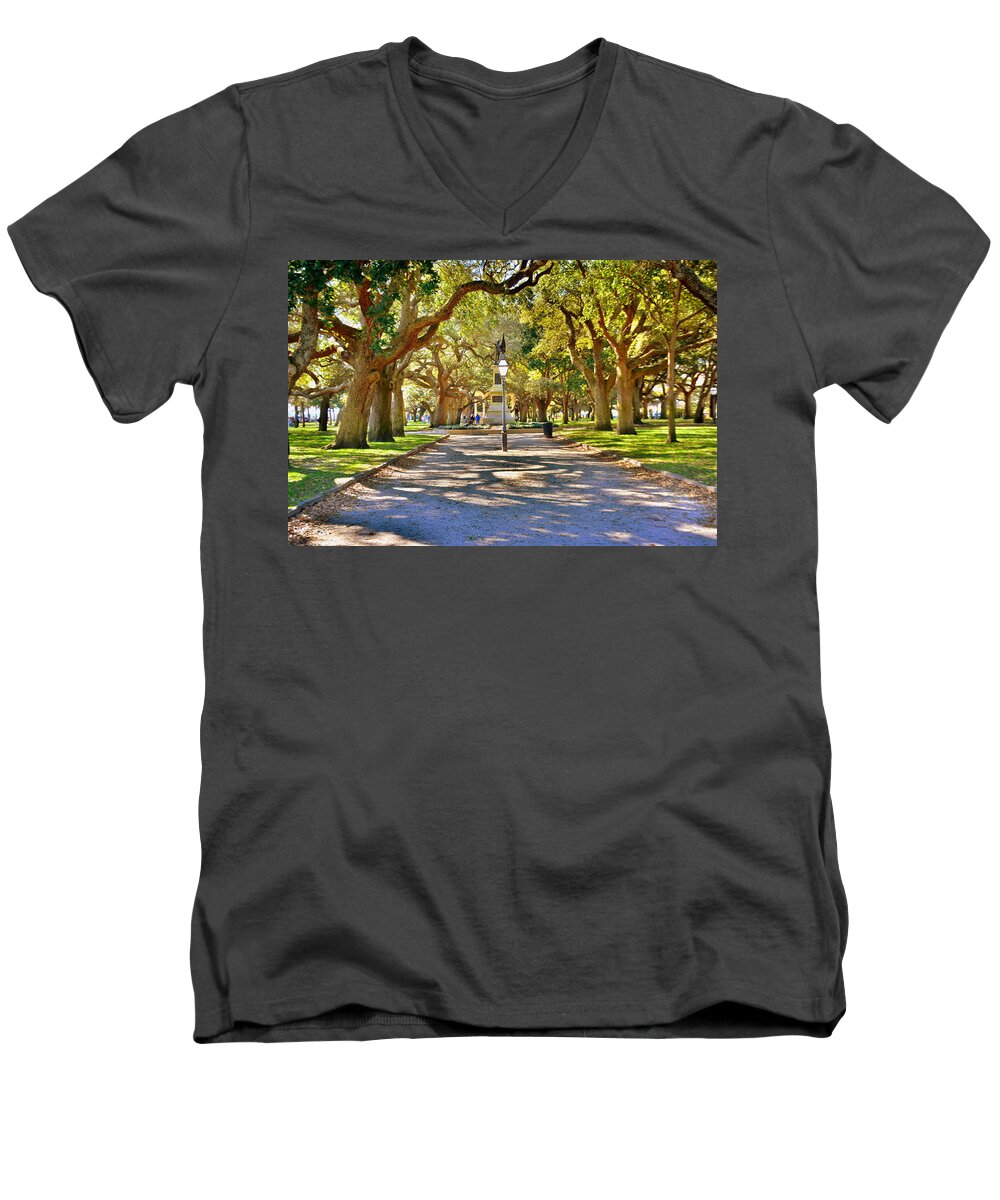 White Point Gardens Men's V-Neck T-Shirt featuring the photograph White Point Gardens At Battery Park Charleston SC HDR by Lisa Wooten