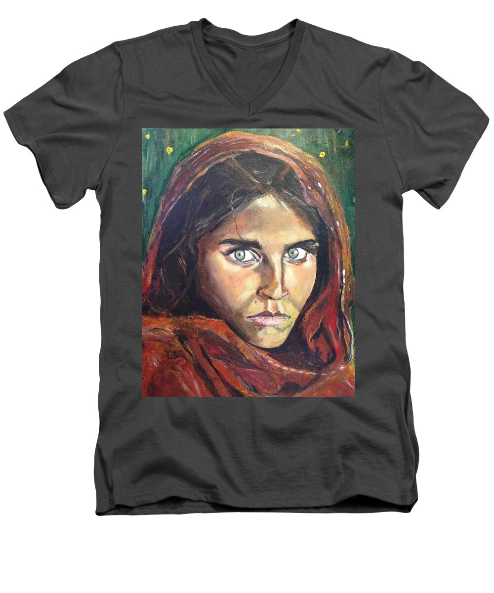 Afghan Girl Men's V-Neck T-Shirt featuring the painting Who's That Girl? by Belinda Low