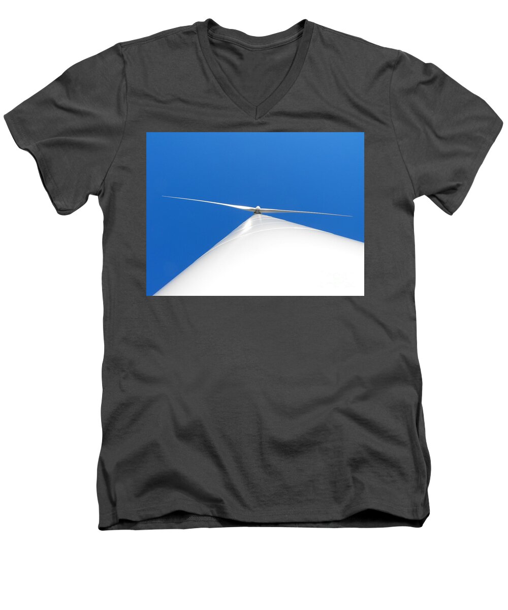 Wind Men's V-Neck T-Shirt featuring the photograph Wind Turbine Blue Sky by Erick Schmidt