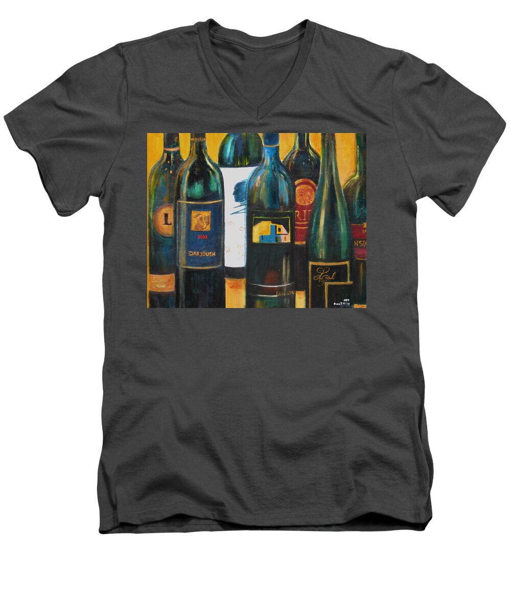 Wine Bottles Men's V-Neck T-Shirt featuring the painting Wine Bar by Sheri Chakamian