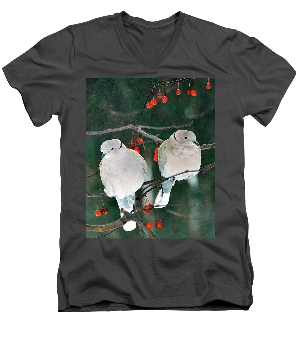 Eurasian Collared Doves Men's V-Neck T-Shirt featuring the digital art Winter Doves by Betty LaRue