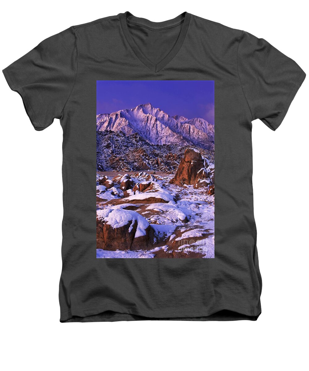 North America Scenic Men's V-Neck T-Shirt featuring the photograph Winter Morning Alabama Hills And Eastern Sierras by Dave Welling