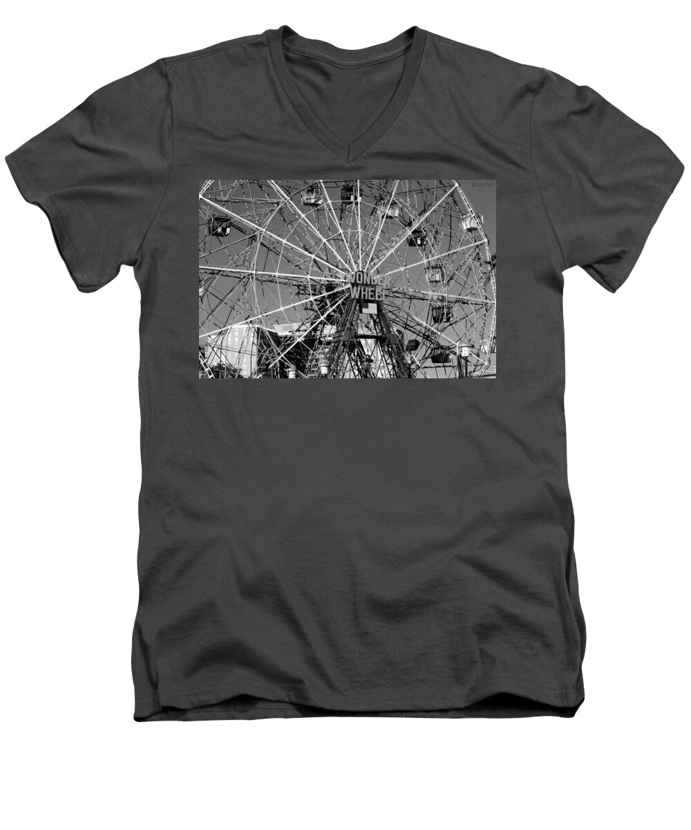 Brooklyn Men's V-Neck T-Shirt featuring the photograph WONDER WHEEL of CONEY ISLAND in BLACK AND WHITE by Rob Hans