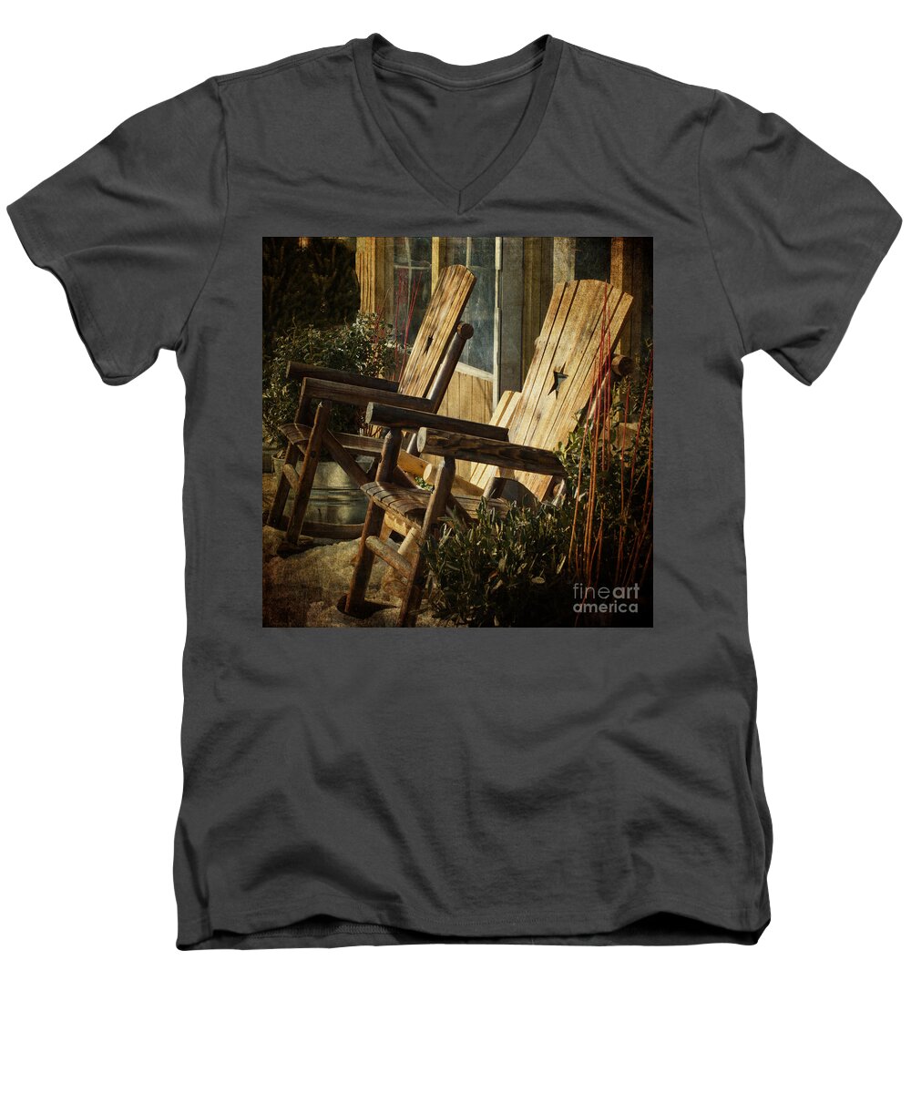 Wooden Men's V-Neck T-Shirt featuring the photograph Wooden Chairs by Judy Wolinsky
