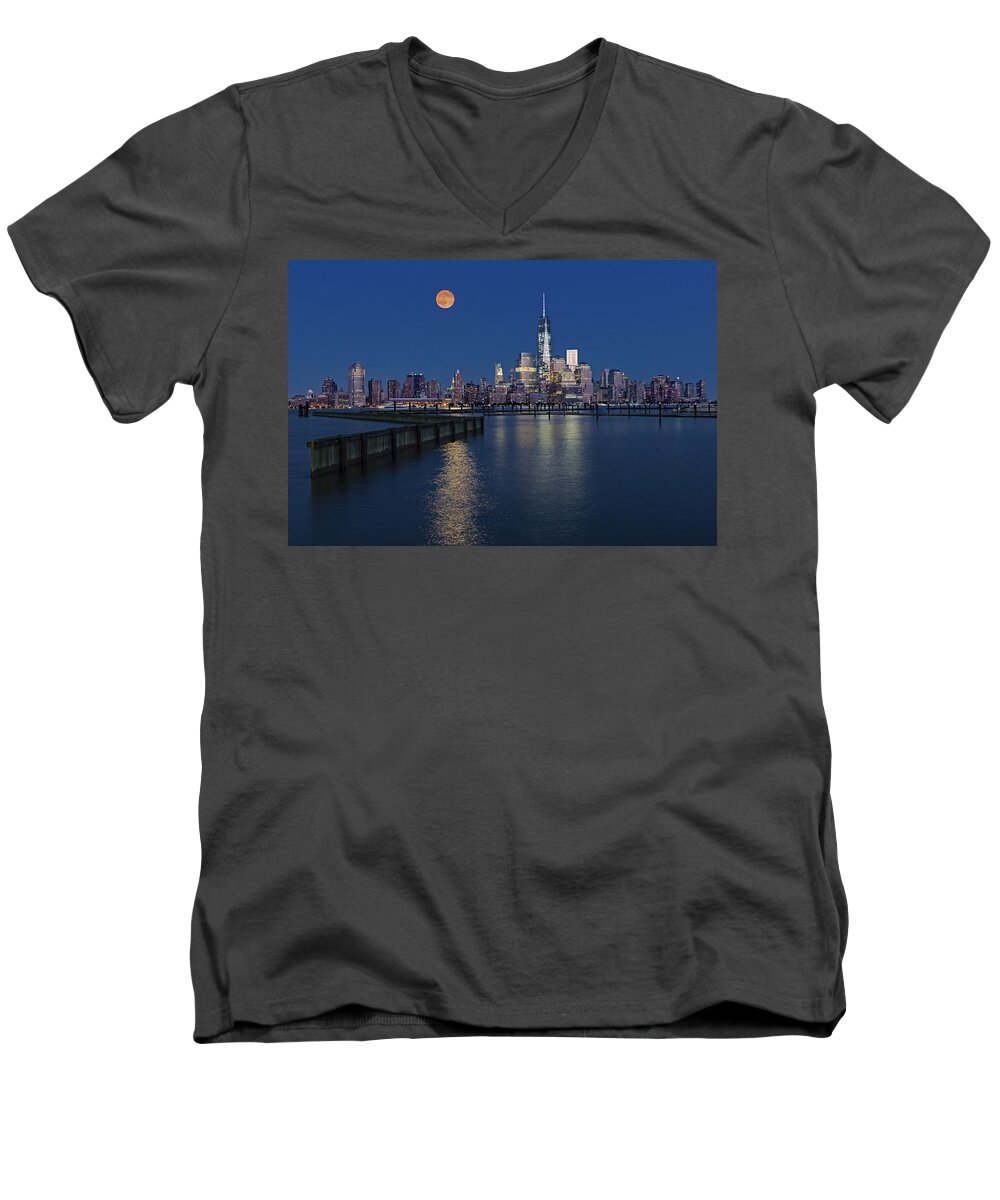 World Trade Center Men's V-Neck T-Shirt featuring the photograph World Trade Center Super Moon by Susan Candelario