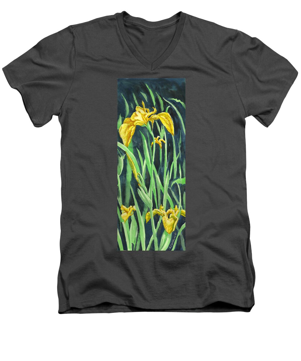 Yellow Men's V-Neck T-Shirt featuring the painting Yellow Iris by Richard De Wolfe