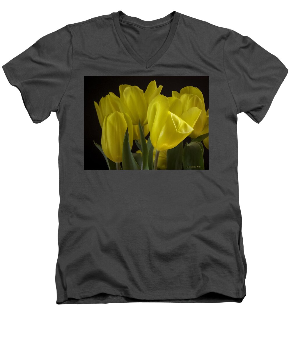 Tulips Men's V-Neck T-Shirt featuring the photograph Yellow Silk by Lucinda Walter