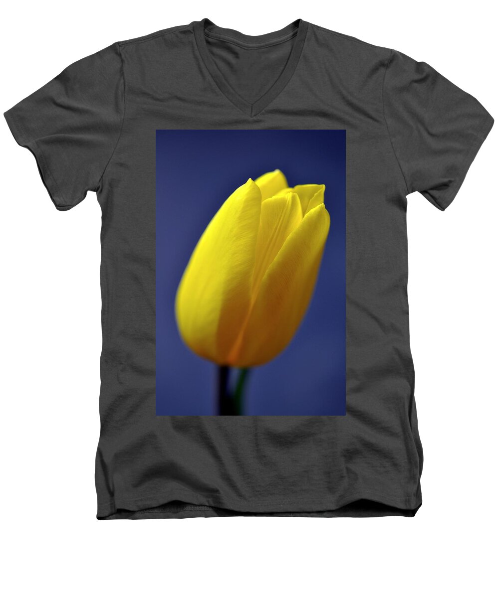 Flower Men's V-Neck T-Shirt featuring the photograph Yellow Tulip on Blue Background by Phyllis Meinke