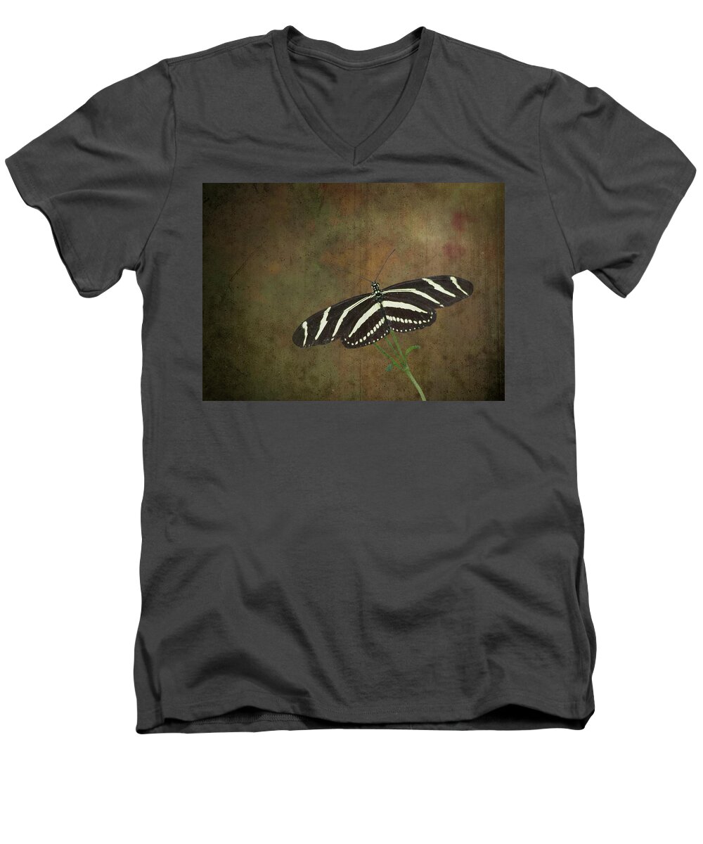 Zebra Men's V-Neck T-Shirt featuring the photograph Zebra Longwing Butterfly-1 by Rudy Umans