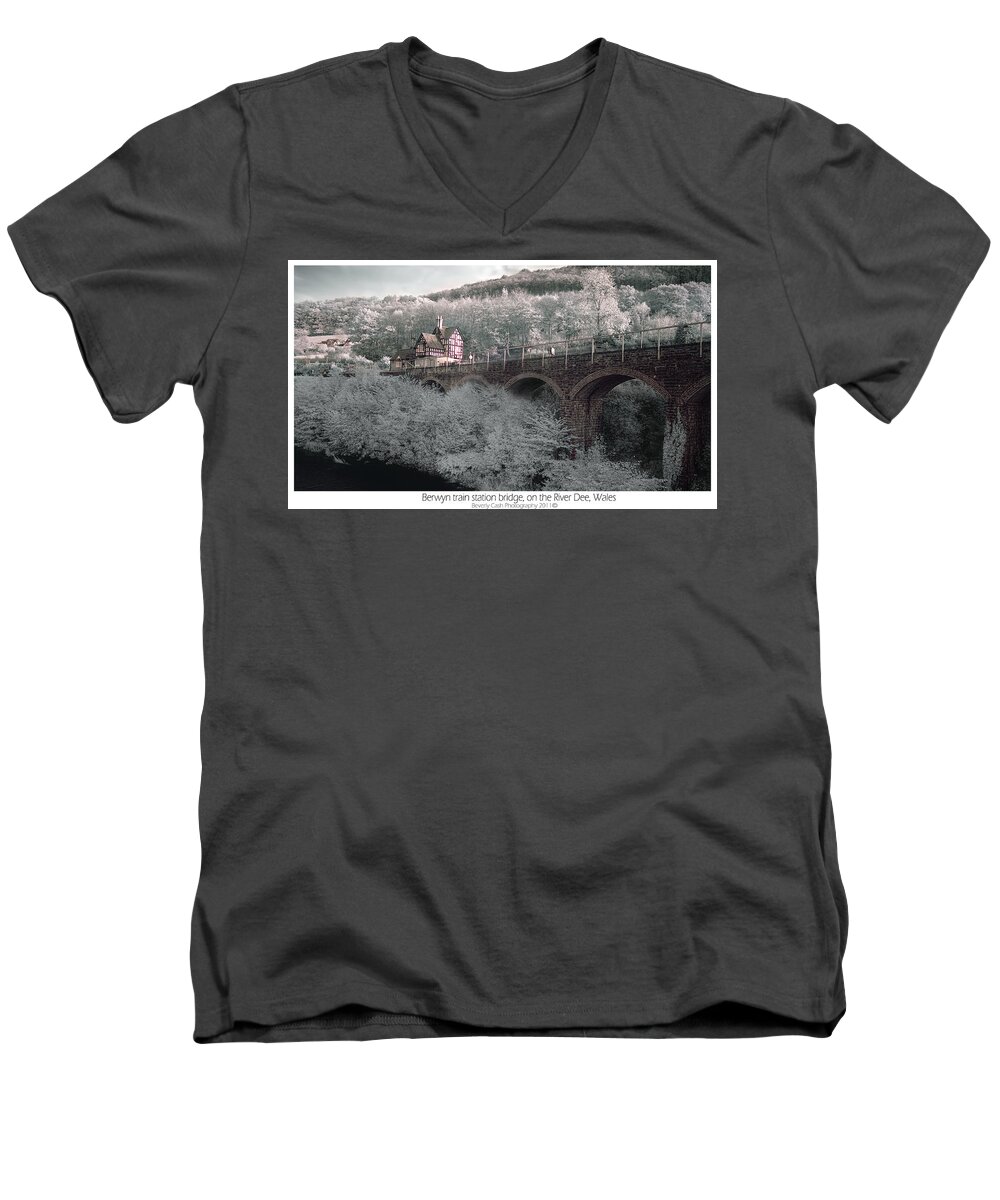 Infrared Men's V-Neck T-Shirt featuring the photograph Infrared train station bridge by B Cash