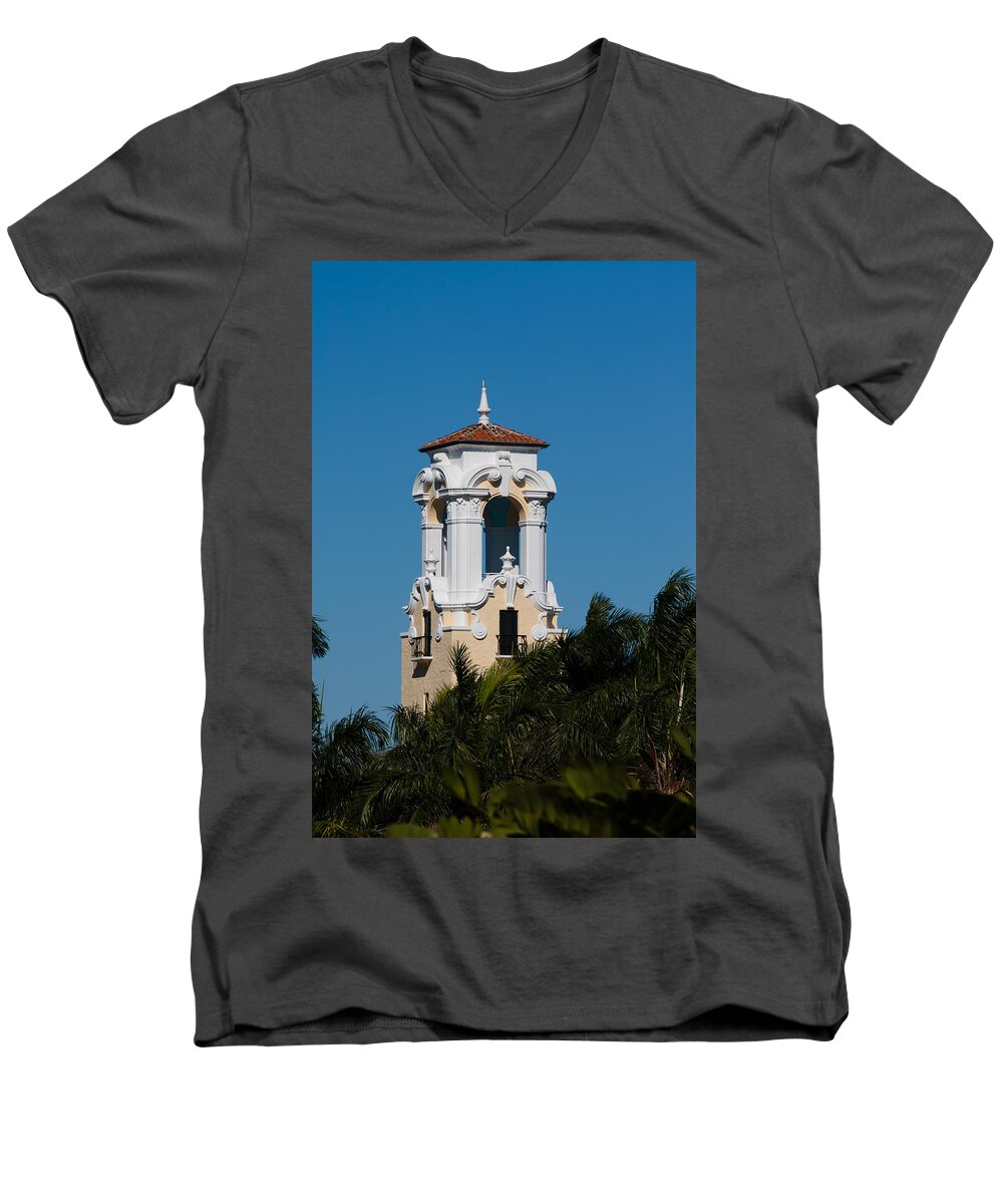 Architecture Men's V-Neck T-Shirt featuring the photograph Congregational Church Tower #1 by Ed Gleichman