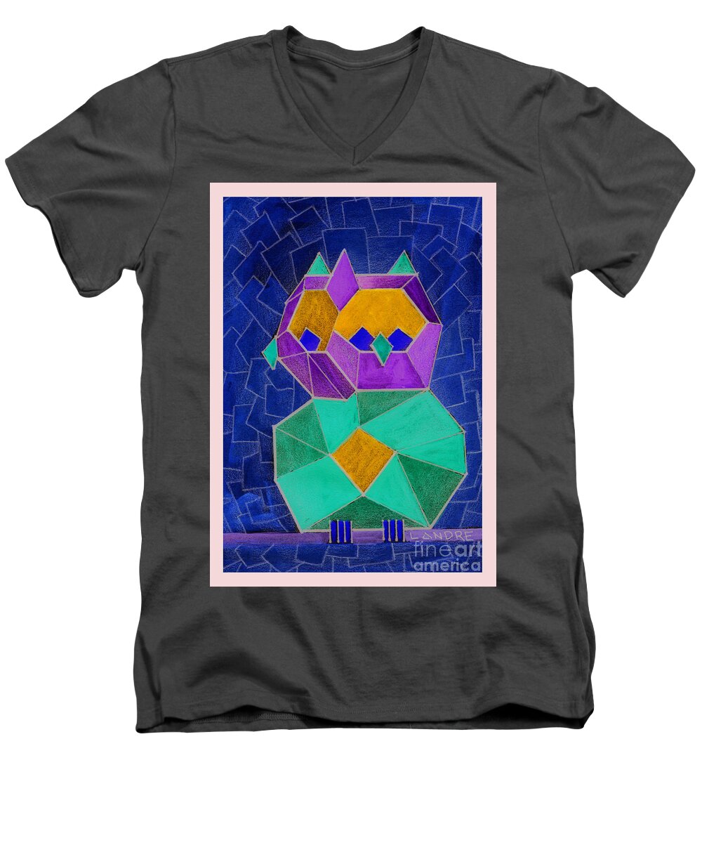Owl Men's V-Neck T-Shirt featuring the painting 2010 Cubist Owl Negative by Lilibeth Andre