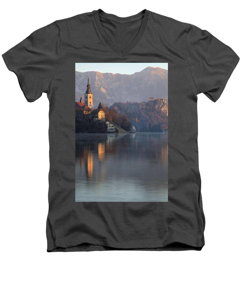 Bled Men's V-Neck T-Shirt featuring the photograph Dawn breaks over Lake Bled #4 by Ian Middleton