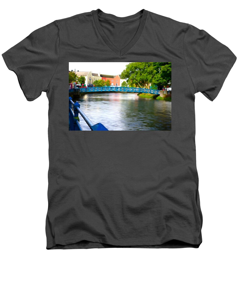 Bridge Men's V-Neck T-Shirt featuring the photograph A River Runs Through It by Norma Brock