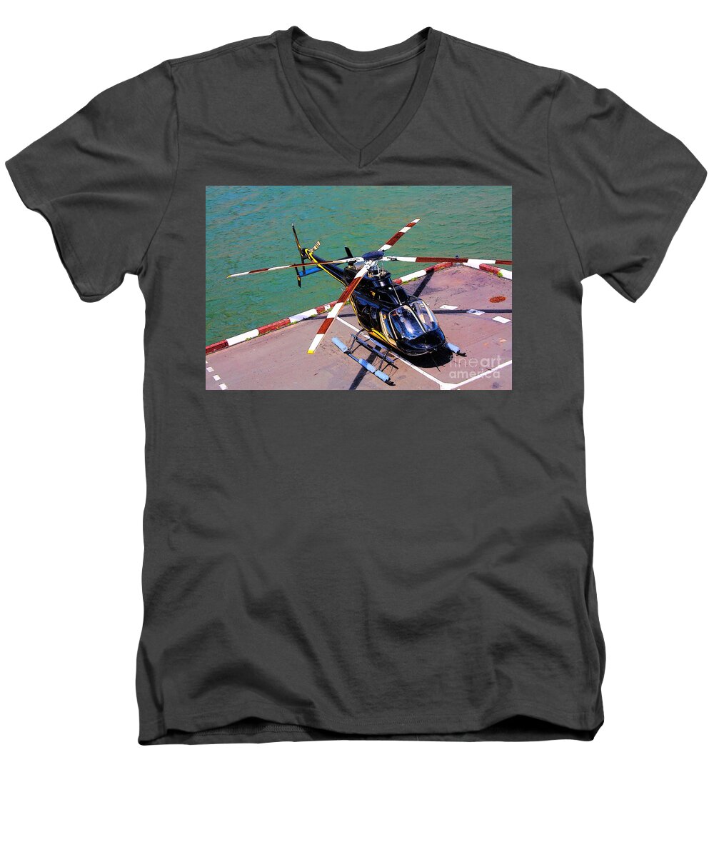 Helicopter Lift Off Take Off Flying Hovering Rogerio Mariani Digital Art Photoart Artist Men's V-Neck T-Shirt featuring the mixed media Airborne by Rogerio Mariani