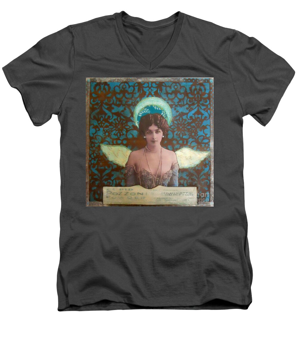 Angel Men's V-Neck T-Shirt featuring the mixed media Angel in Blue by Desiree Paquette