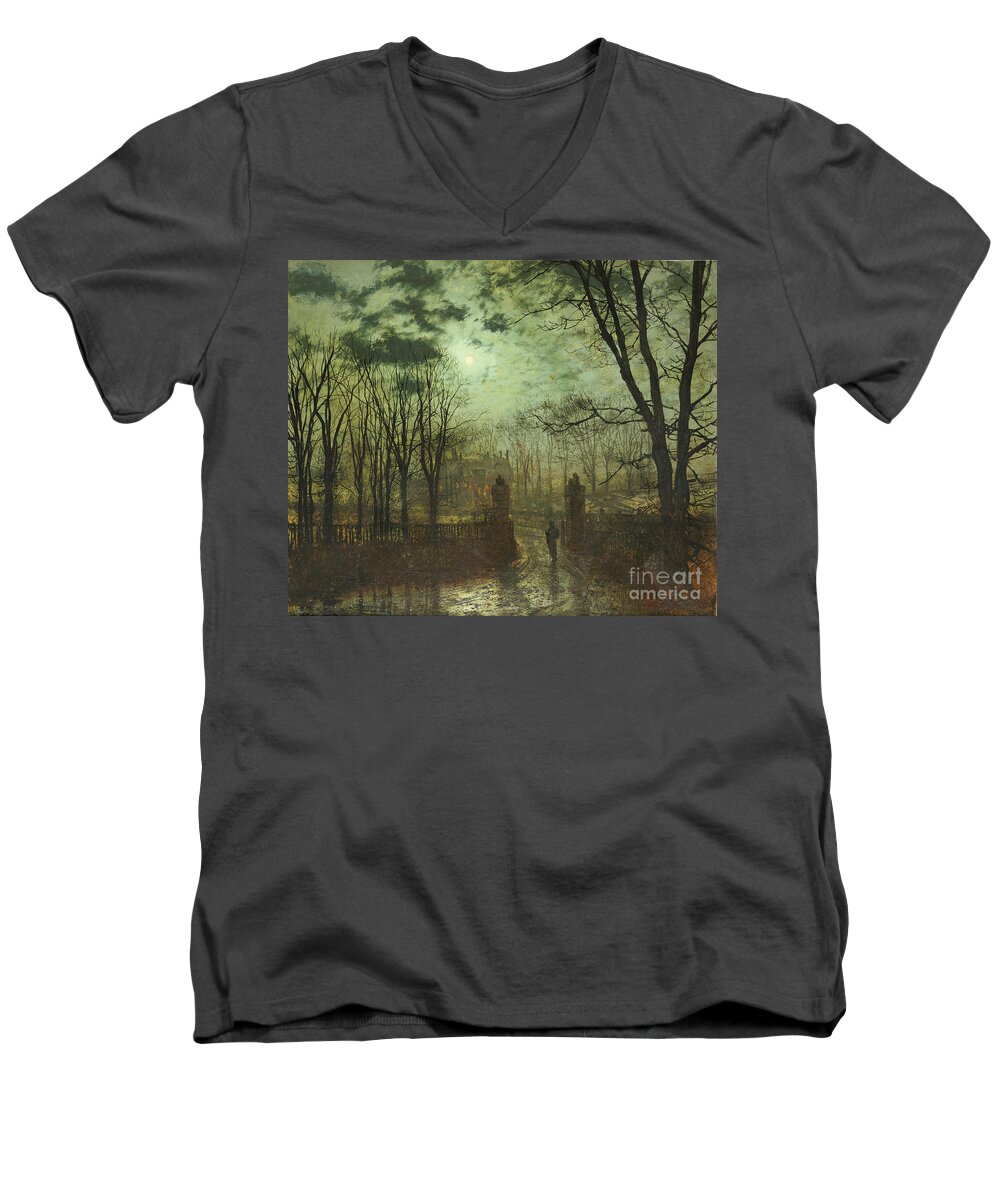 Landscape Men's V-Neck T-Shirt featuring the painting At the Park Gate by John Atkinson Grimshaw