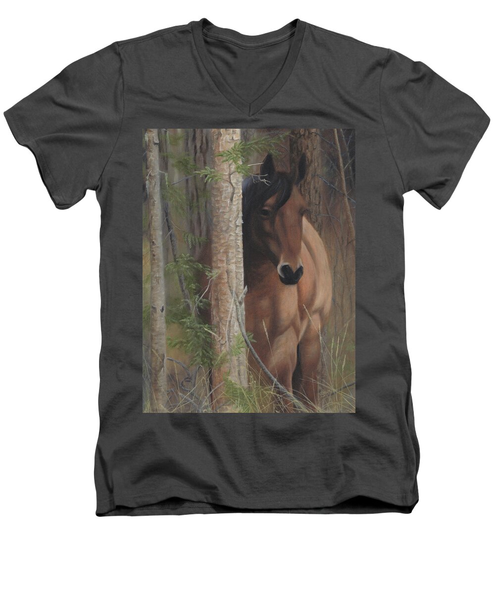 Horse Behind Tree Men's V-Neck T-Shirt featuring the painting Bashful by Tammy Taylor