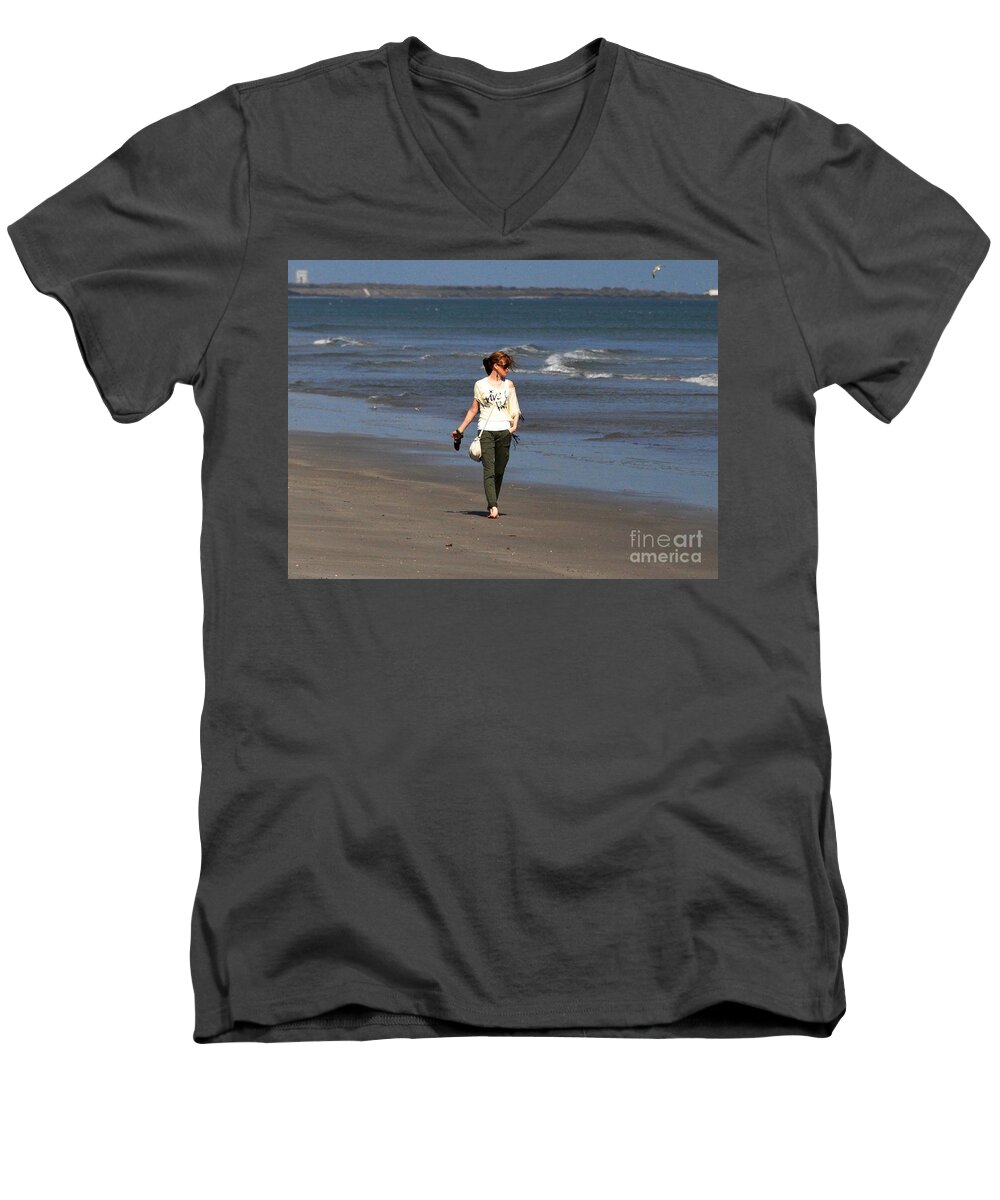 Girl Men's V-Neck T-Shirt featuring the photograph Beach Walker by John Black