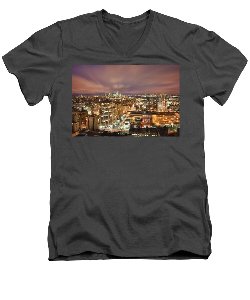 New York Men's V-Neck T-Shirt featuring the photograph Behold A Marvel In The Darkness by Evelina Kremsdorf