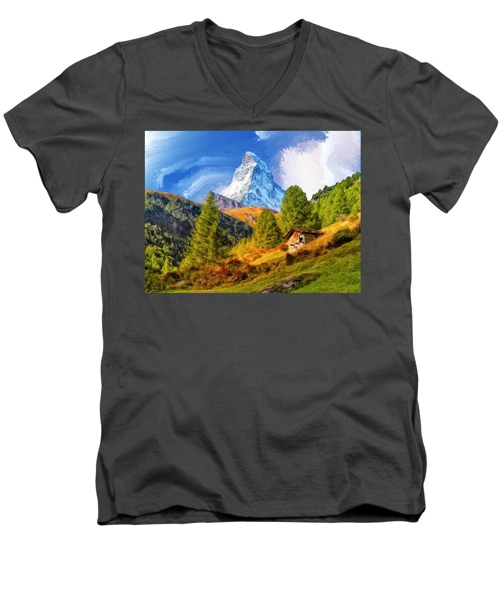 Matterhorn Men's V-Neck T-Shirt featuring the painting Below the Matterhorn by Dominic Piperata