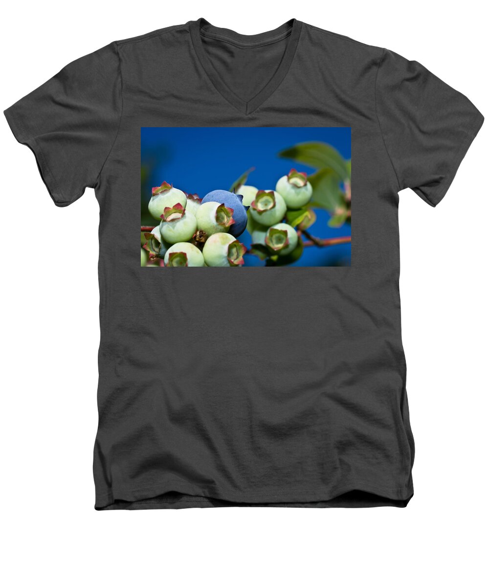 Macro Men's V-Neck T-Shirt featuring the photograph Blueberries and Sky by Lori Coleman