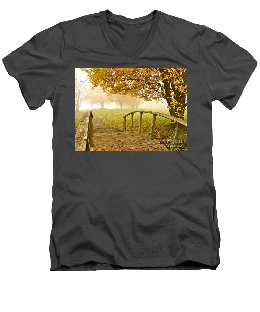 Autumn Men's V-Neck T-Shirt featuring the photograph Bridge to Autumn by Parrish Todd
