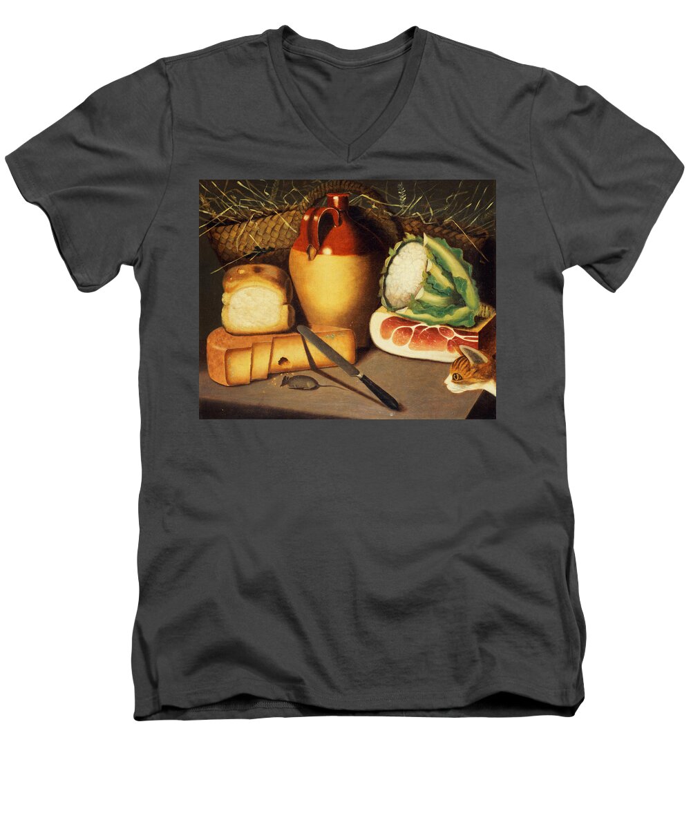 Cat Men's V-Neck T-Shirt featuring the painting Cat Mouse Bacon and Cheese by Anonymous