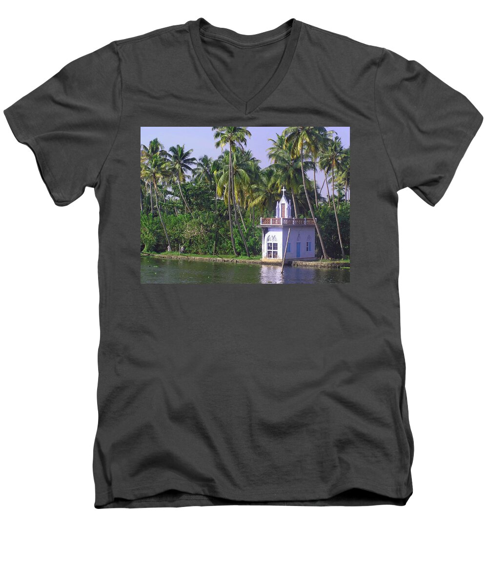 Church Men's V-Neck T-Shirt featuring the photograph Church located on a coastal lagoon in Kerala in India by Ashish Agarwal