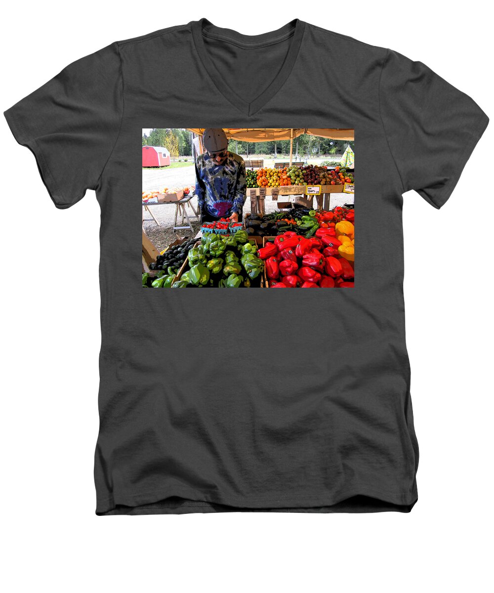 World Peace Produce Men's V-Neck T-Shirt featuring the photograph Colorful Fruit and Veggie Stand by Kym Backland