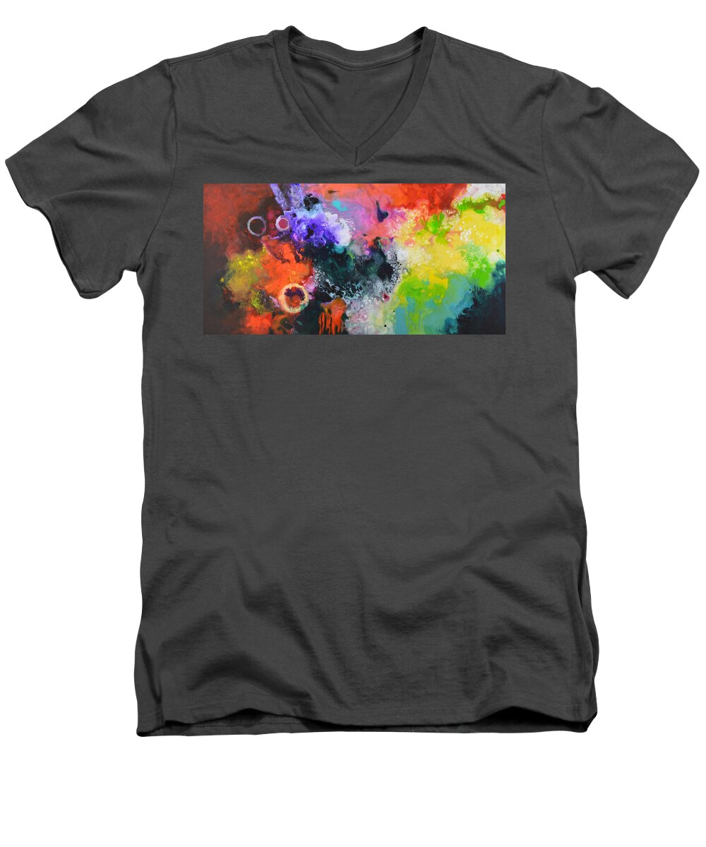 Abstract Men's V-Neck T-Shirt featuring the painting Convergence by Sally Trace