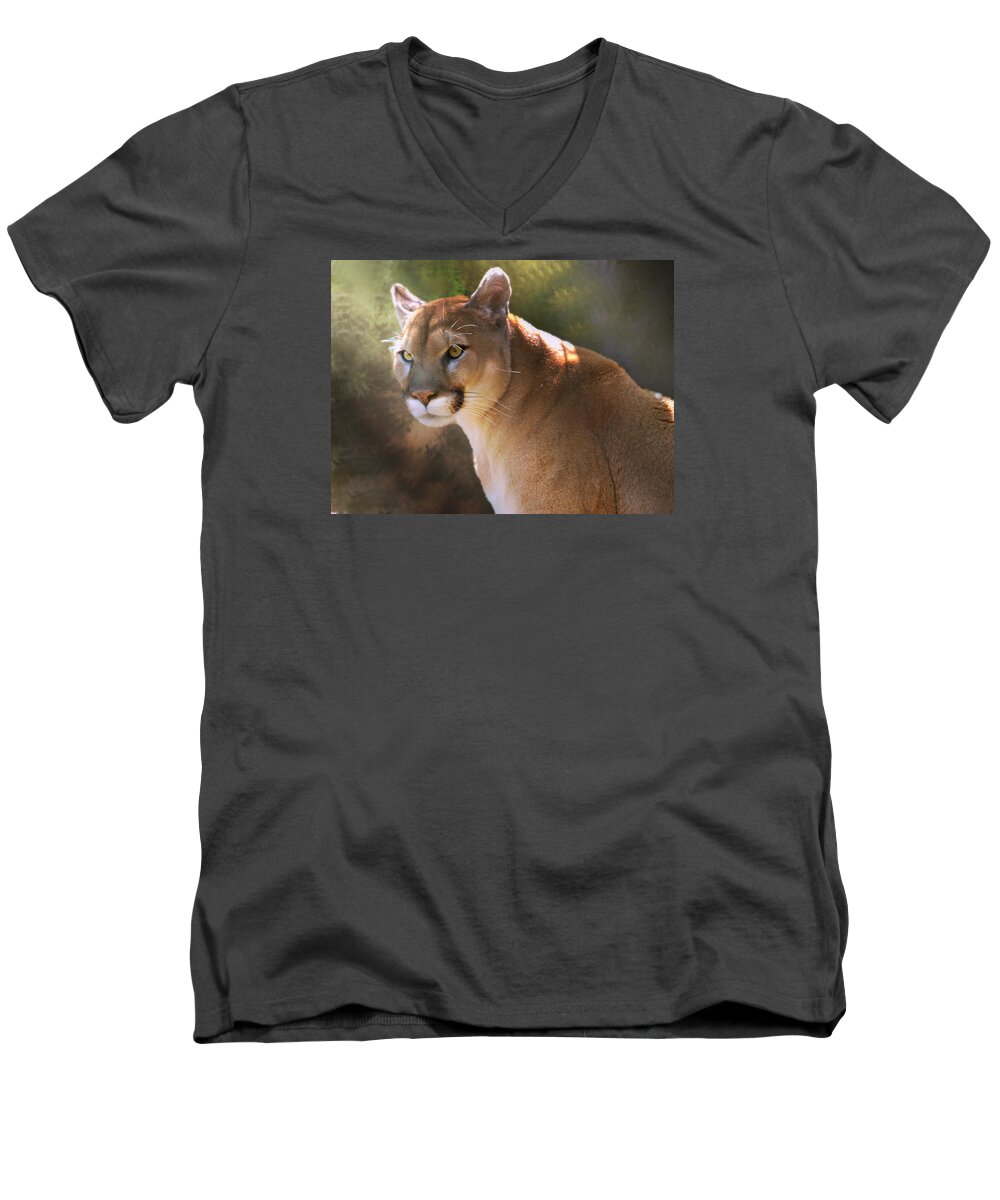 Cougar Men's V-Neck T-Shirt featuring the digital art Cougar by Mary Almond