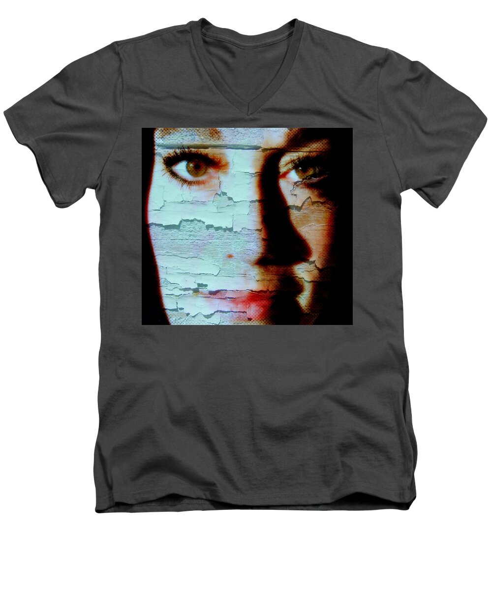 Portrait Men's V-Neck T-Shirt featuring the digital art Crackled View by Teri Schuster