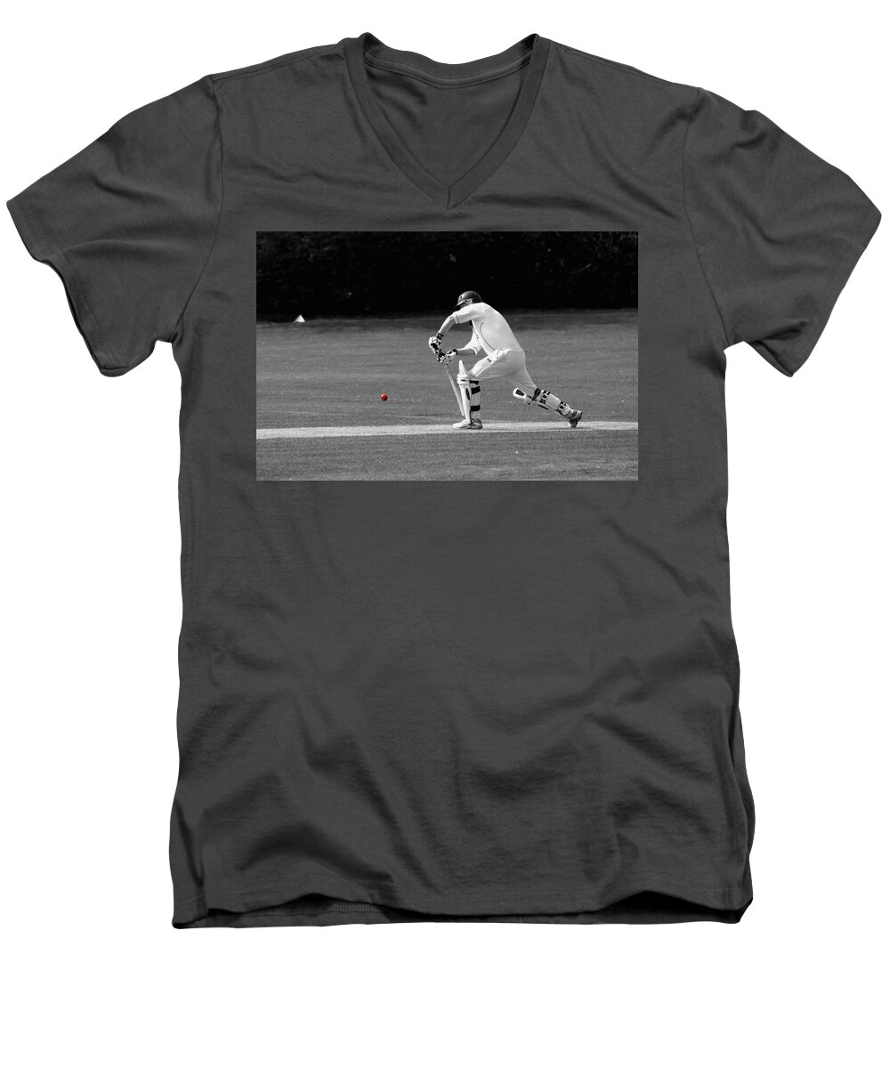 Cricket Men's V-Neck T-Shirt featuring the photograph Cricketer in black and white with red ball by Chris Day
