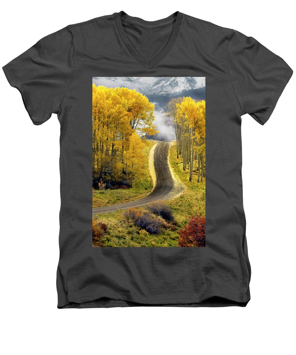 Aspens Men's V-Neck T-Shirt featuring the photograph Cutting Through the Aspens by Dave Mills