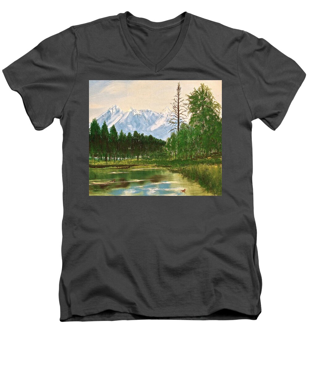 Mountains Men's V-Neck T-Shirt featuring the painting Duck Pond by Frank SantAgata