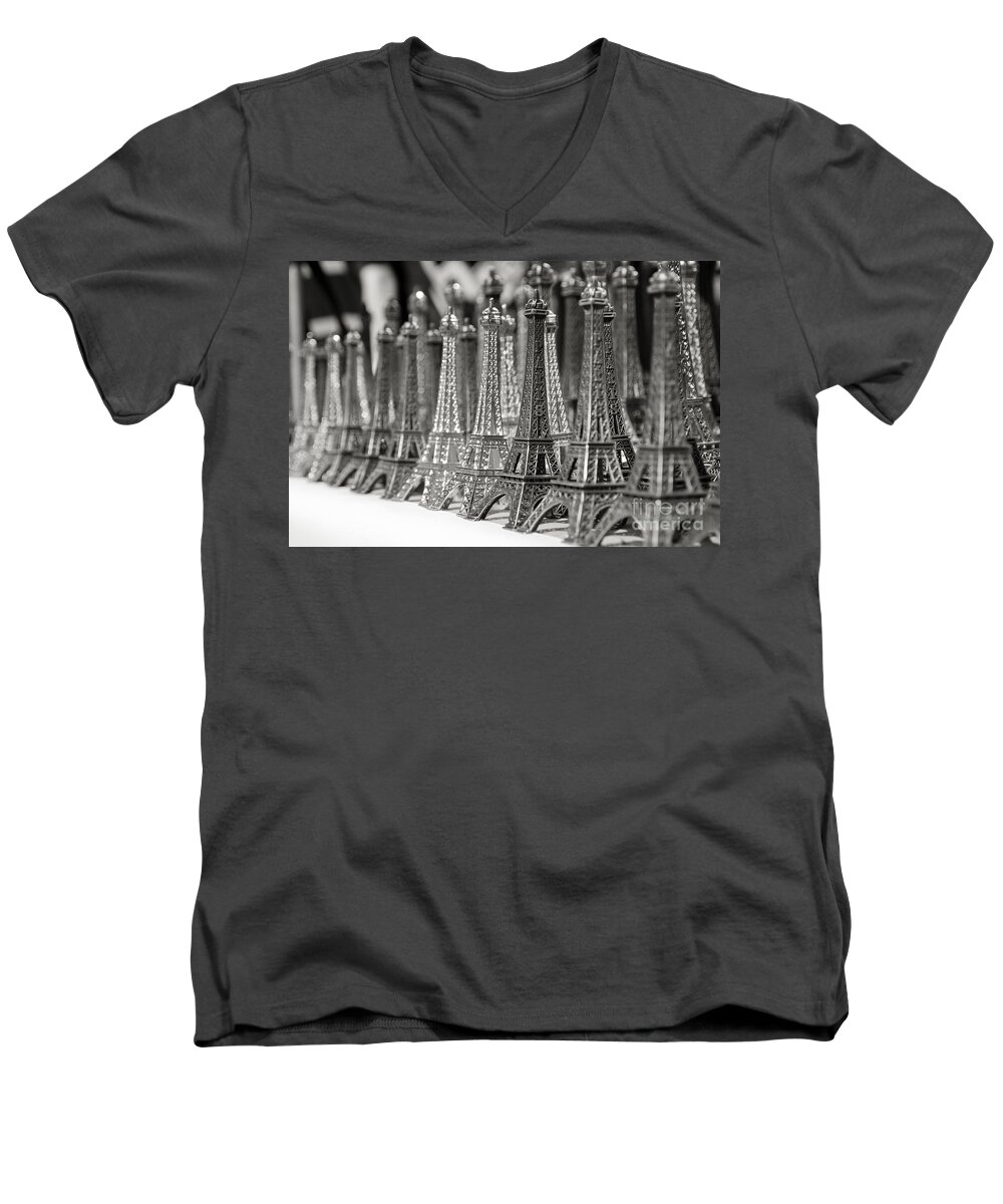 Black White Men's V-Neck T-Shirt featuring the photograph Eiffel tower miniature by Olivier Steiner