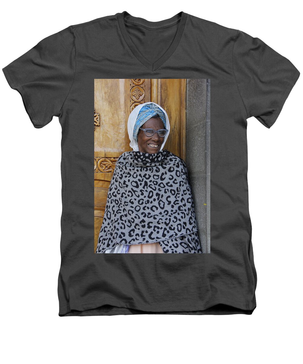 Ethiopia Men's V-Neck T-Shirt featuring the painting Ethiopia-South Orthodox Christian Woman by Robert SORENSEN