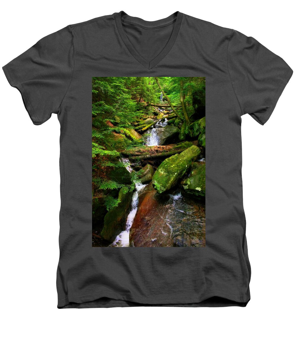 Falls Men's V-Neck T-Shirt featuring the photograph Kildoo Falls at McConnells Mill State Park in Portersville, Pennsylvania by Angela Rath