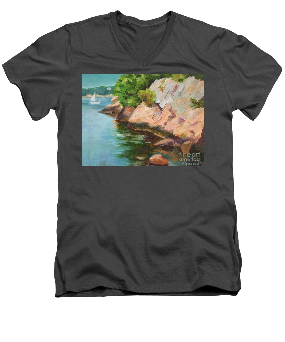 Summer Men's V-Neck T-Shirt featuring the painting Gloucester Sail Boat by Claire Gagnon